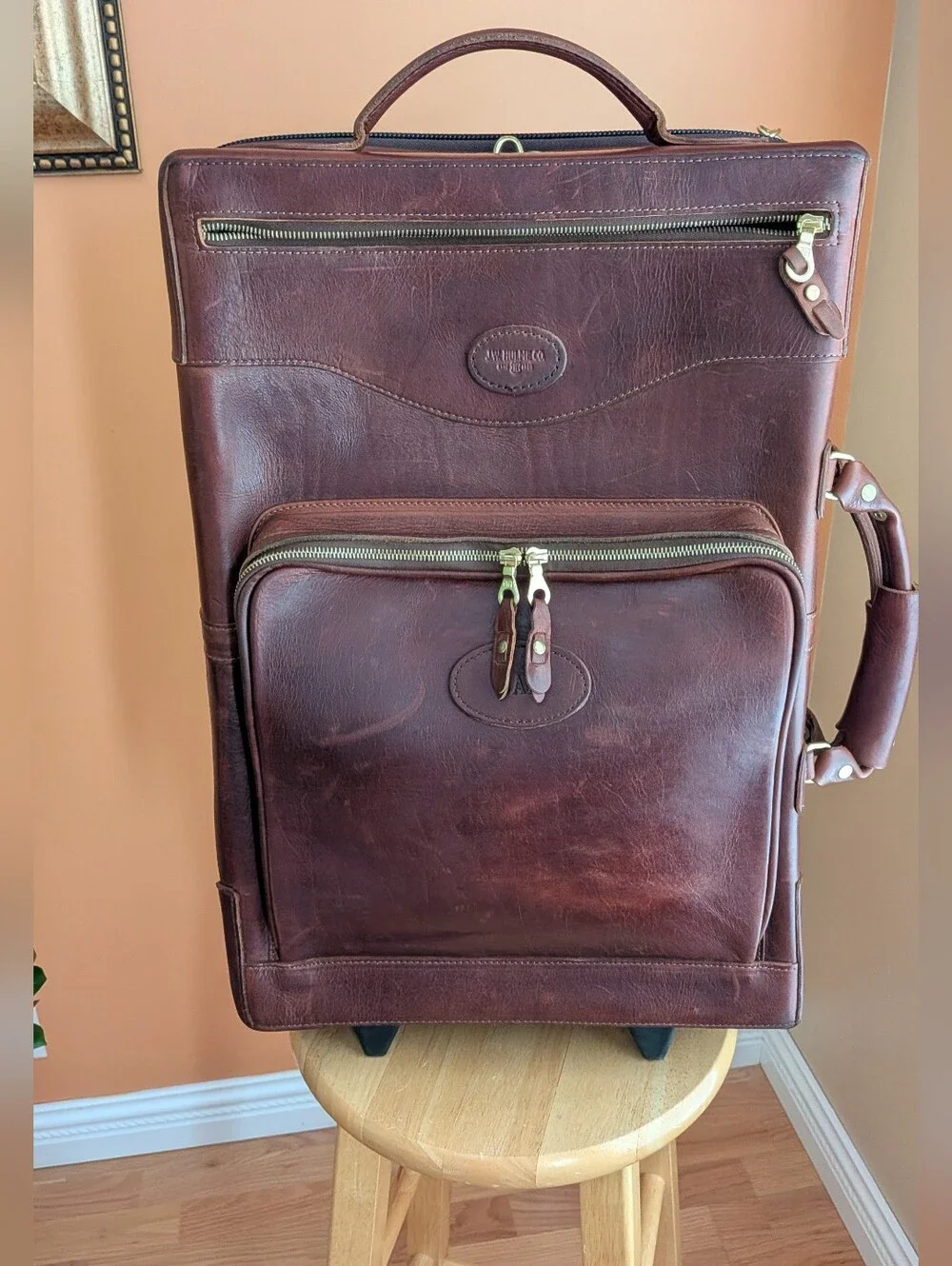 Vintege J.W.HULME CO.Made In America Leather Rolling Carry-On Bag - Brown